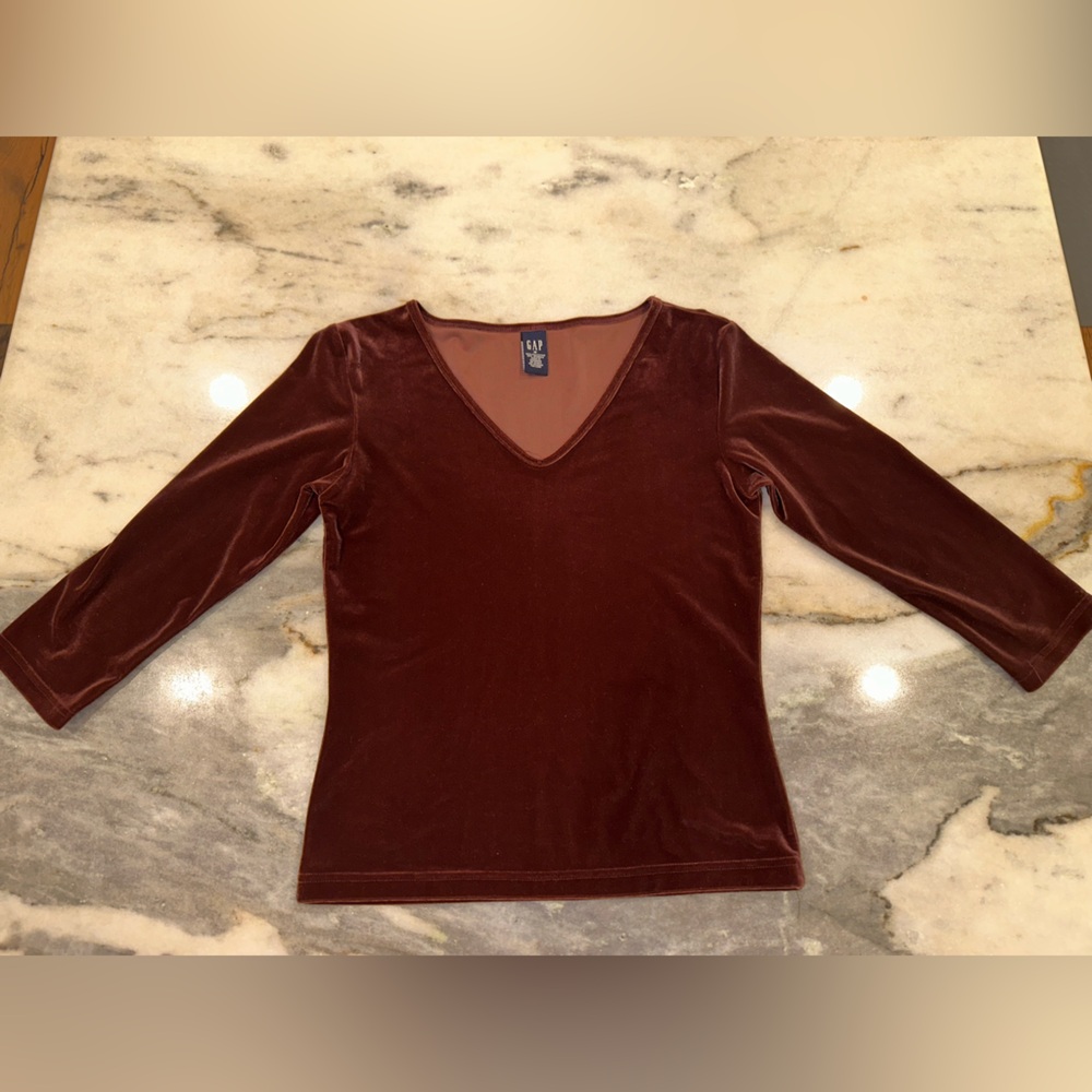 Gap‎ Brown/Burgundy Velvet 3/4 Sleeve VNeck Top Size Medium